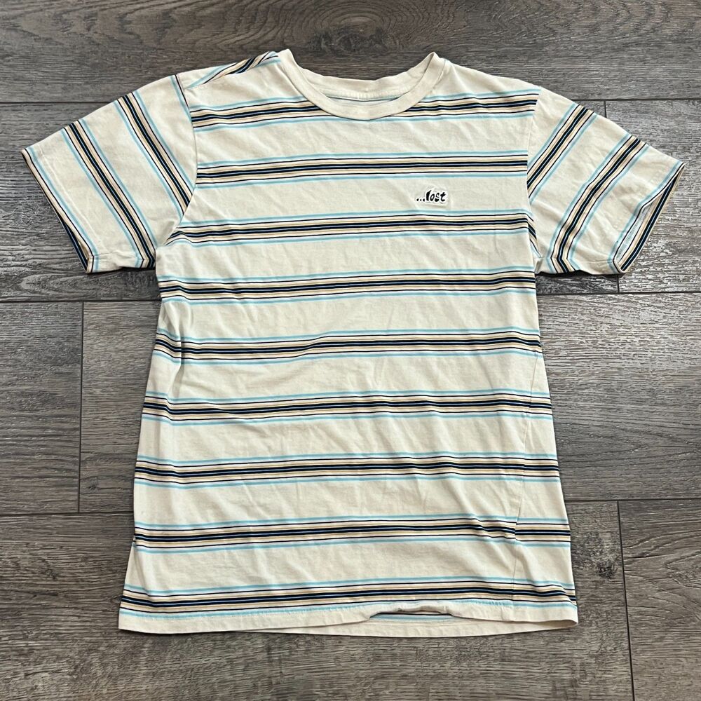 Vintage Y2K Lost Brand Striped T Shirt Surf Skate Embroidered Logo Tee - Small